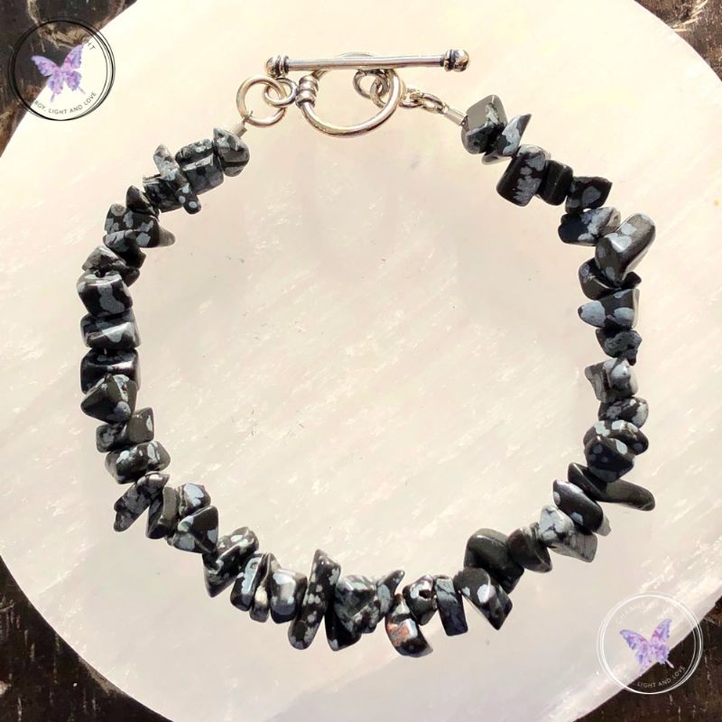 Snowflake Obsidian Chip Healing Bracelet With Silver Toggle Clasp